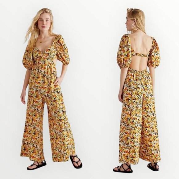 Free People Amy Printed Puff Sleeve Cutout Jumpsuit - Picture 1 of 9